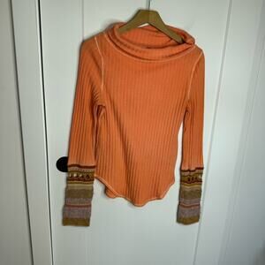 Free People Mixed Up Sweater Cuff Ribbed Knit Top Orange Size Medium